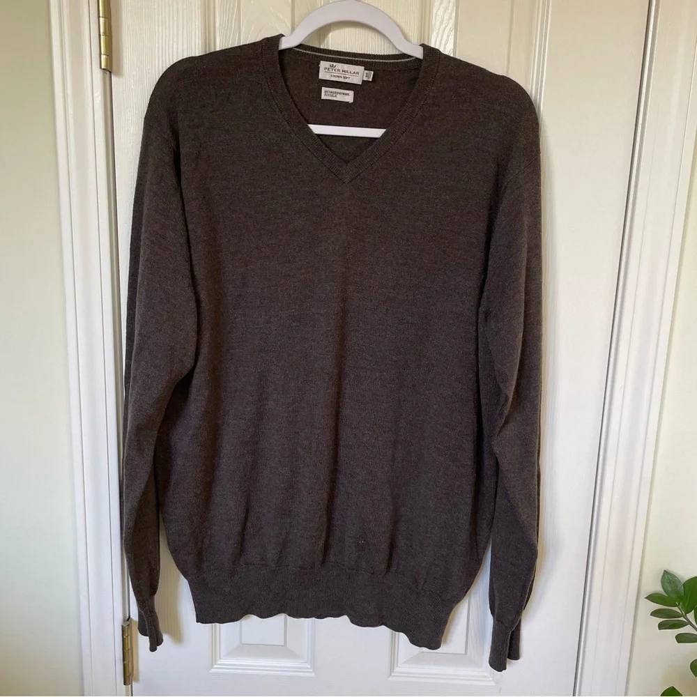 Peter Millar Brown vneck merino wool silk blend crown soft sweater XL